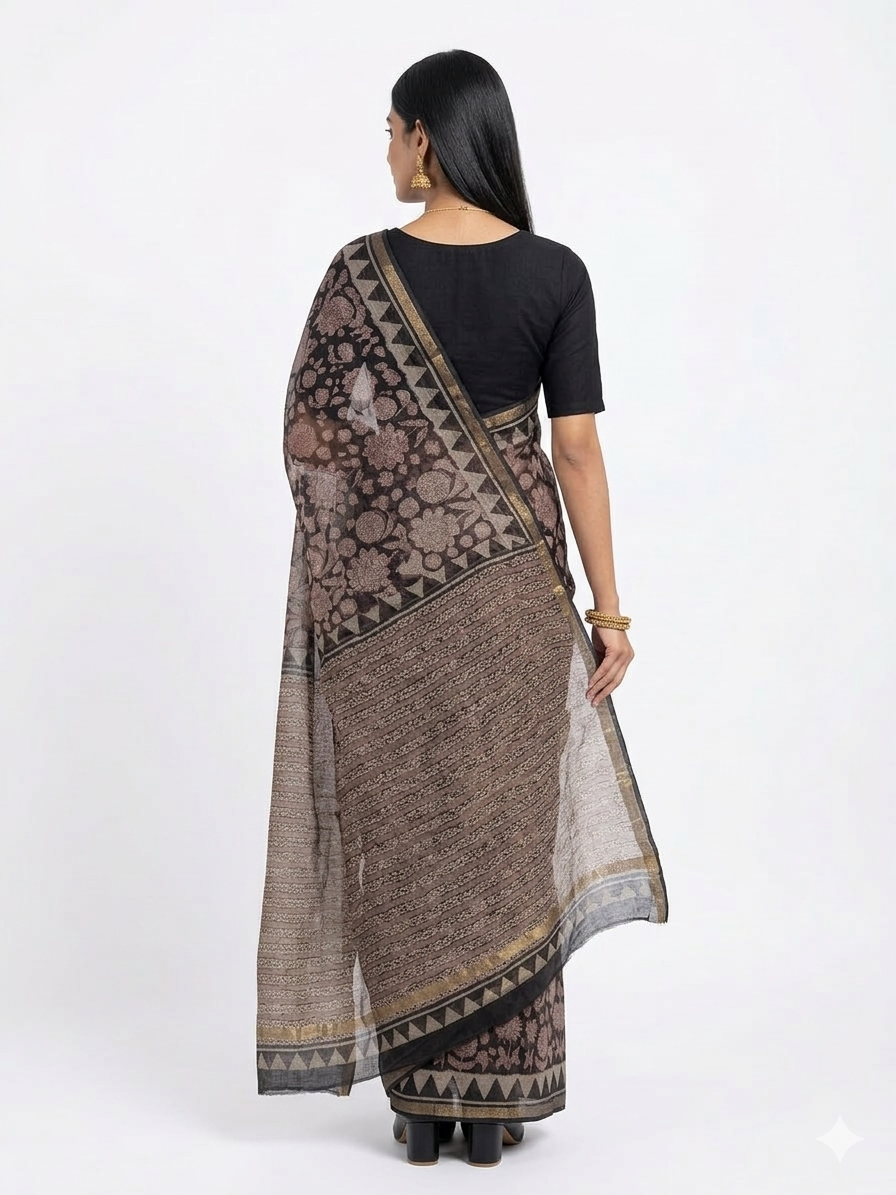 Black Floral Handblock Kota Cotton Saree
