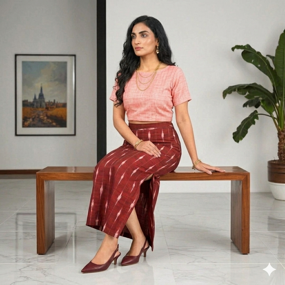 Maroon White Handwoven Ikat Cotton Long Skirt