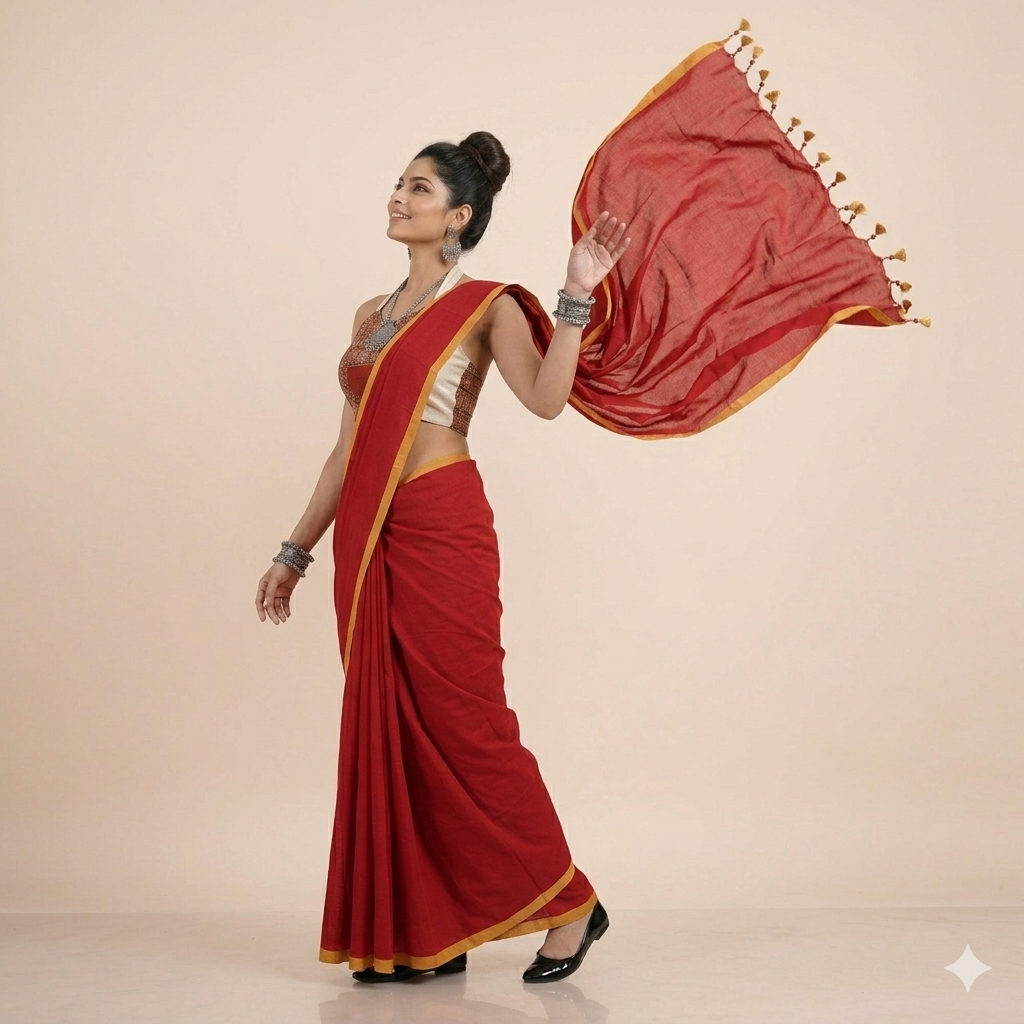 Red Plain Handwoven Cotton Saree