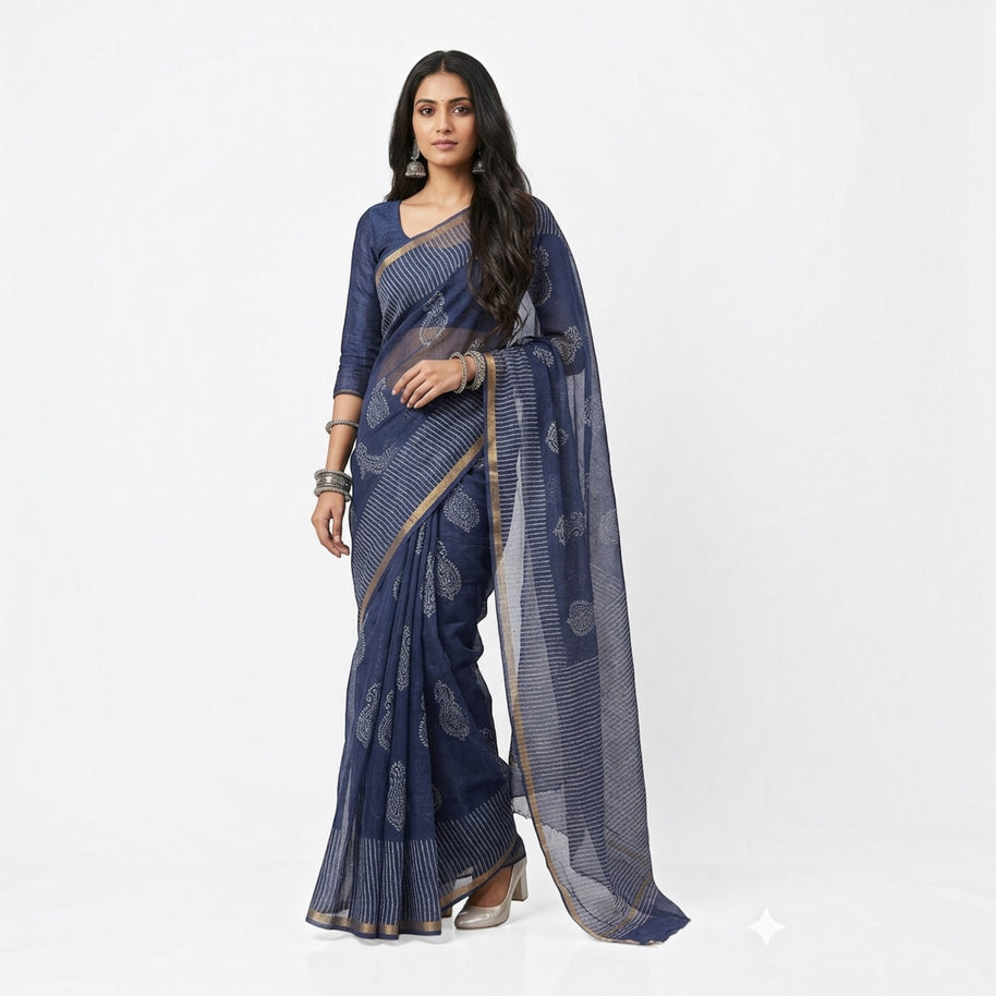 Blue Stripe Handblock Kota Cotton Saree