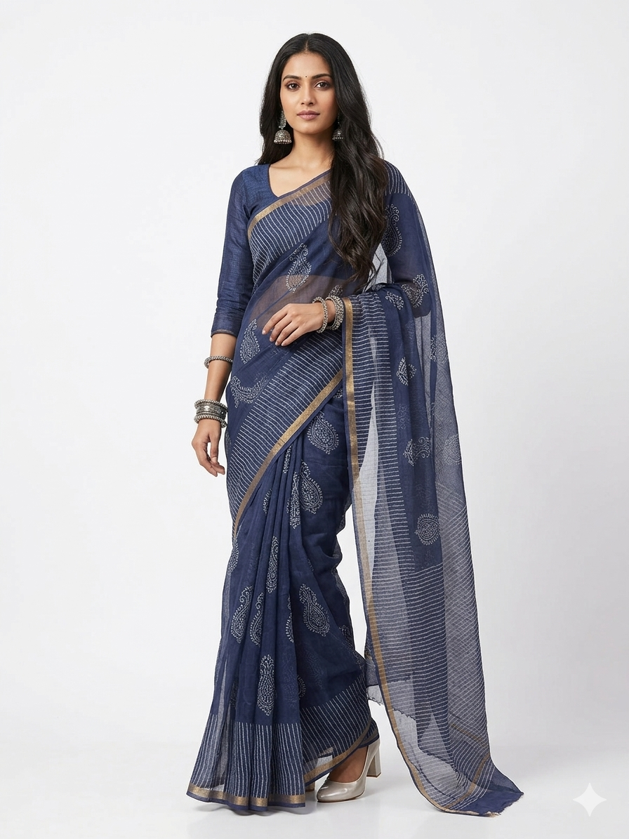 Blue Stripe Handblock Kota Cotton Saree