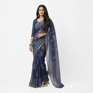 Blue Stripe Handblock Kota Cotton Saree