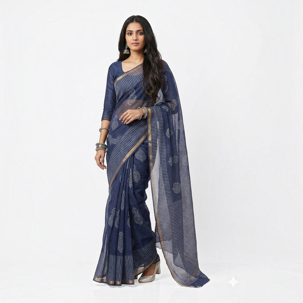 Blue Stripe Handblock Kota Cotton Saree