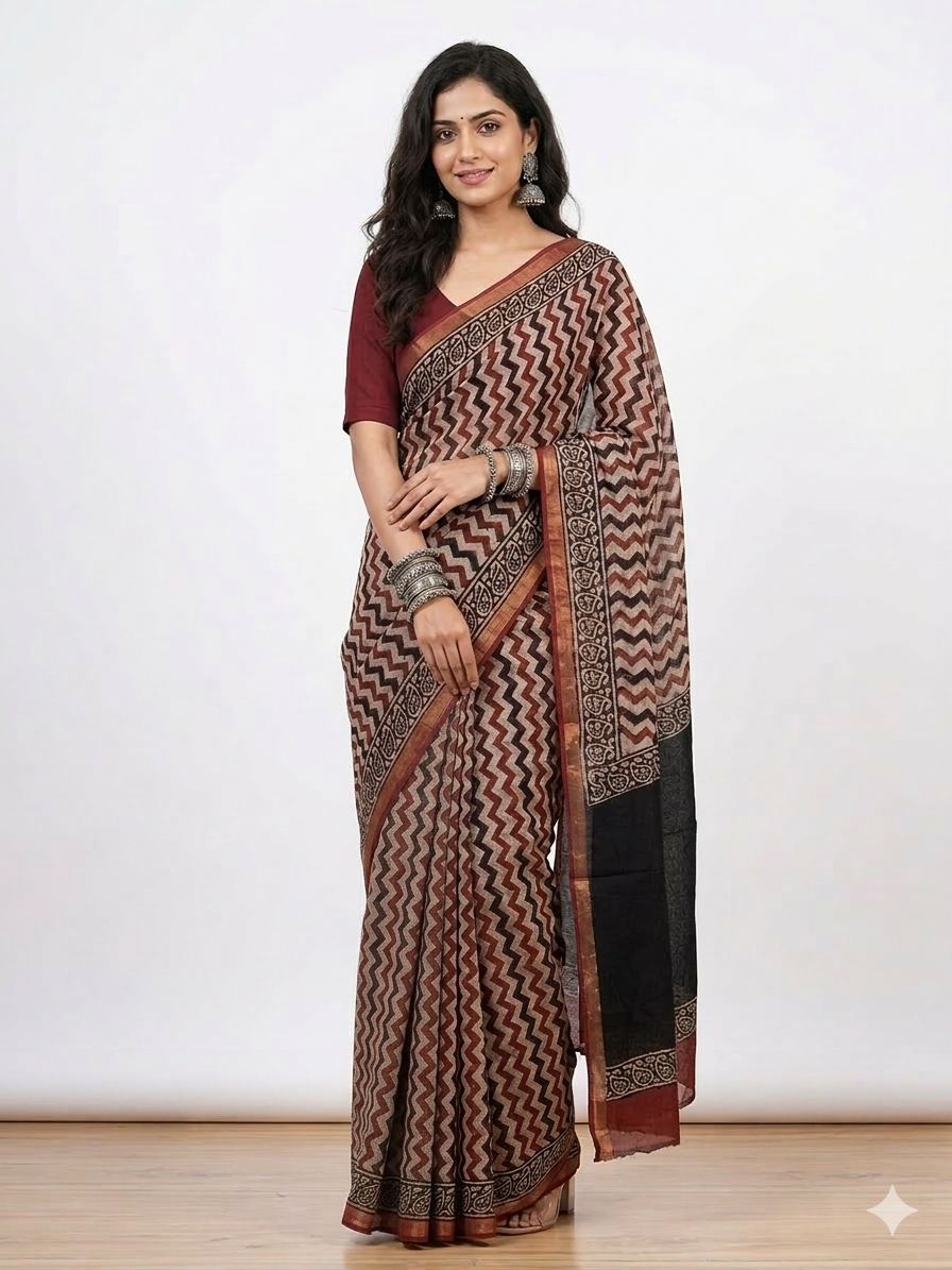Offwhite Maroon Stripe Kota Cotton Saree