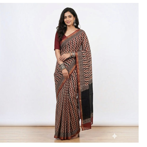 Offwhite Maroon Stripe Kota Cotton Saree