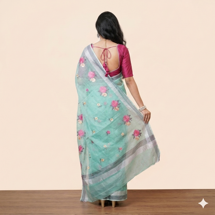Green Embroidery Kota Cotton Saree