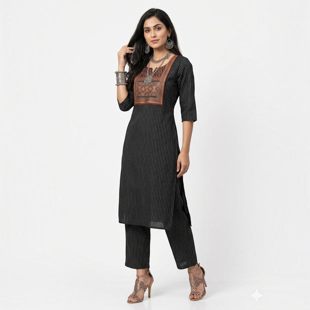 Dark Black Stripe Cotton Kurta Set