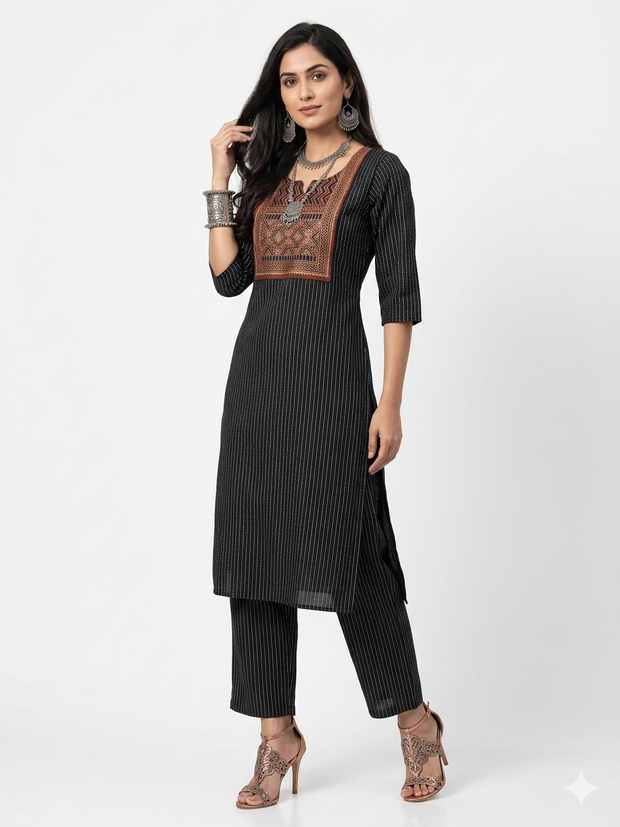 Dark Black Stripe Cotton Kurta Set
