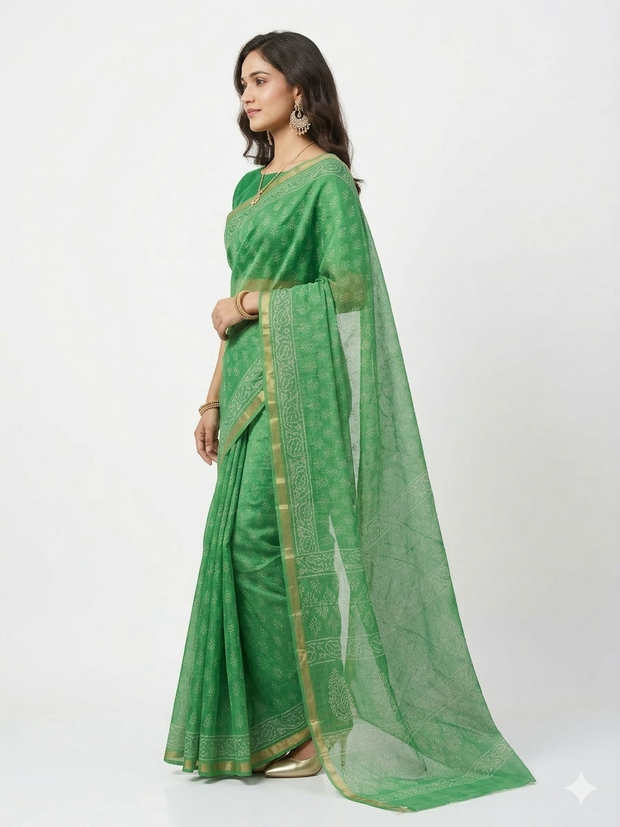 Green Leaf Handblock Kota Cotton Saree