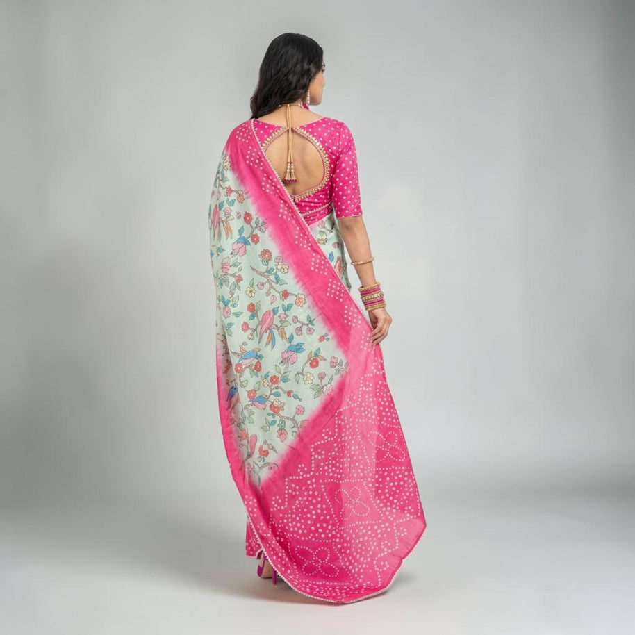 Green Kalmakari Bandhani Makhmali Silk Saree