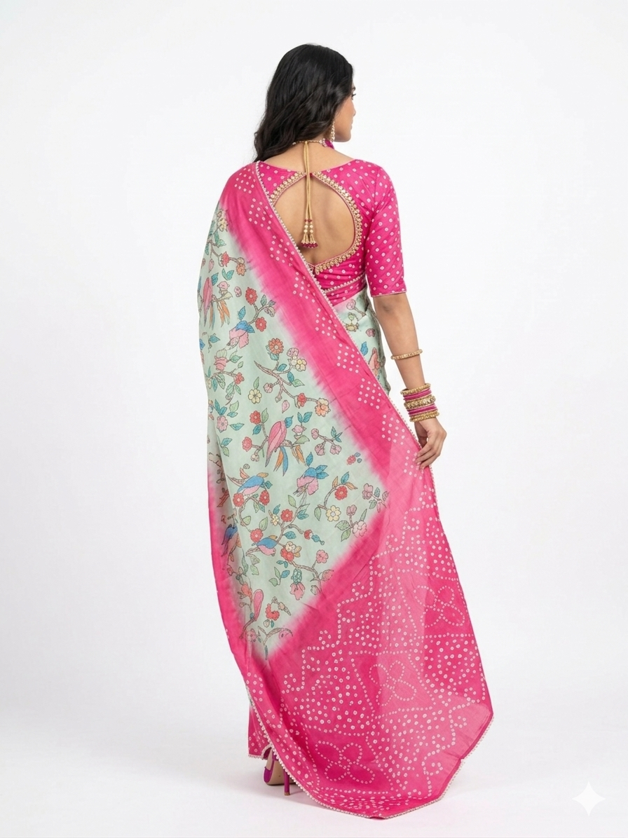 Green Kalmakari Bandhani Makhmali Silk Saree