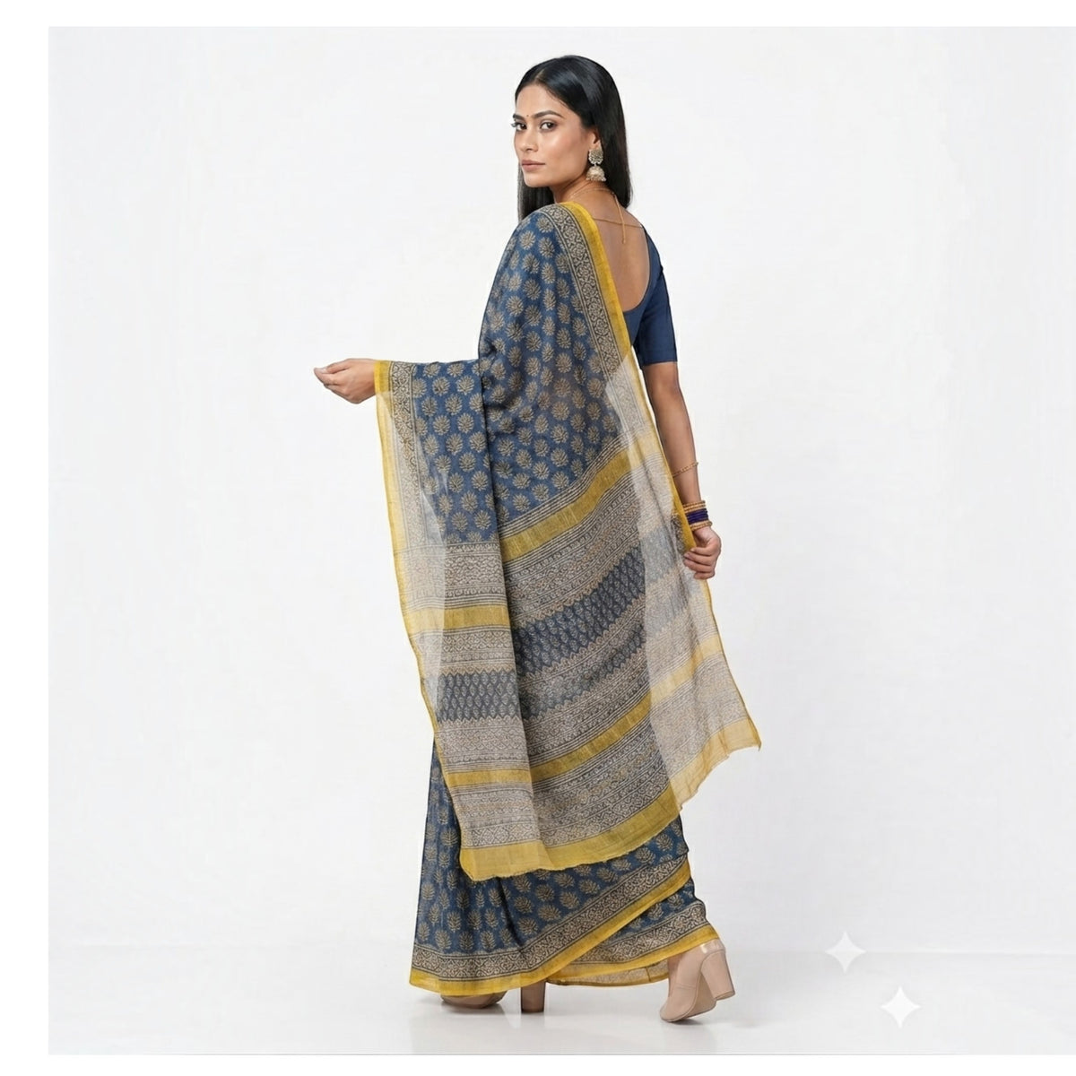 Dark Blue Lotus Handblock Kota Cotton Saree