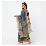 Dark Blue Lotus Handblock Kota Cotton Saree