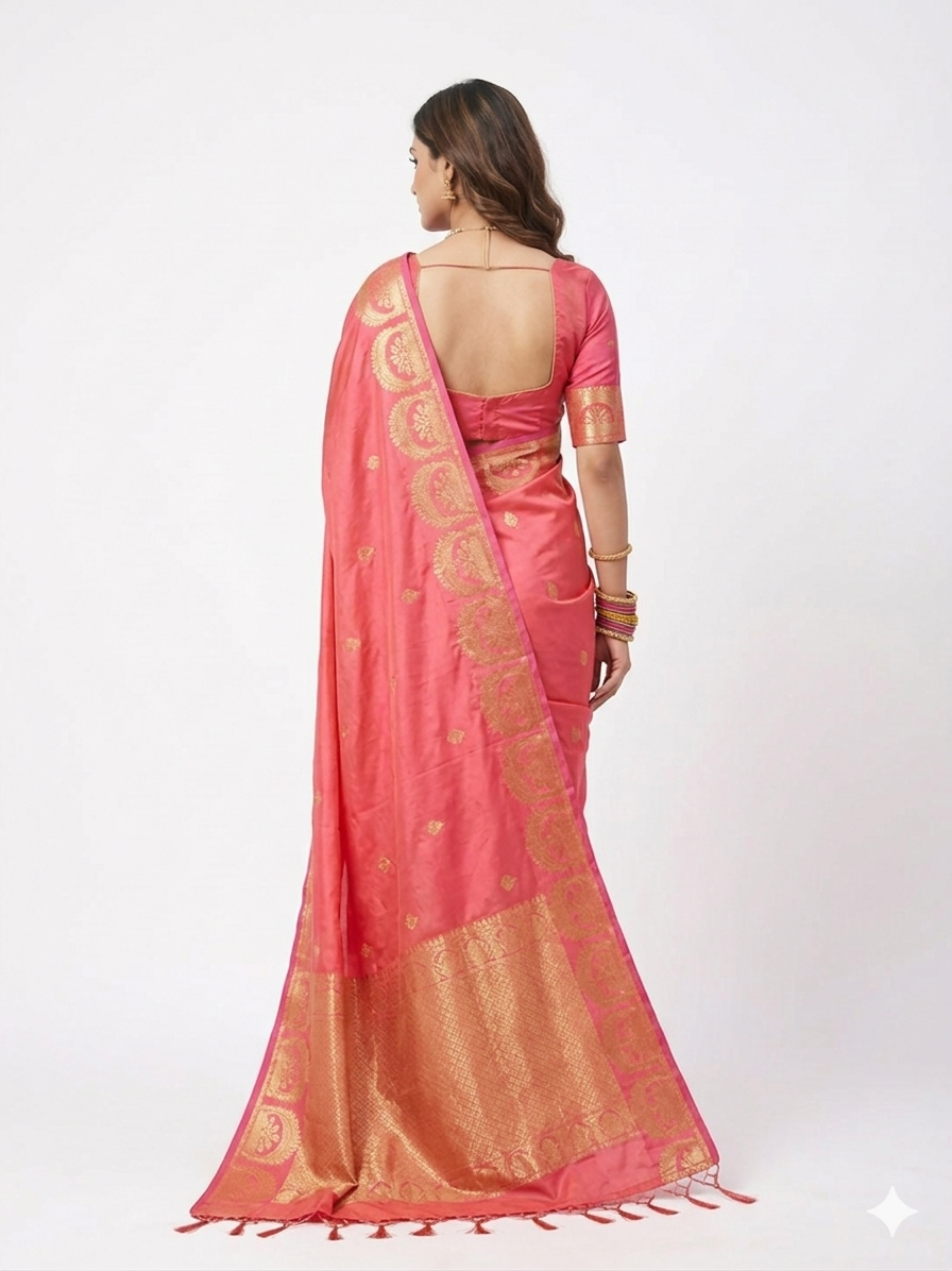 Peach Double Shade Zari Work Silk Saree