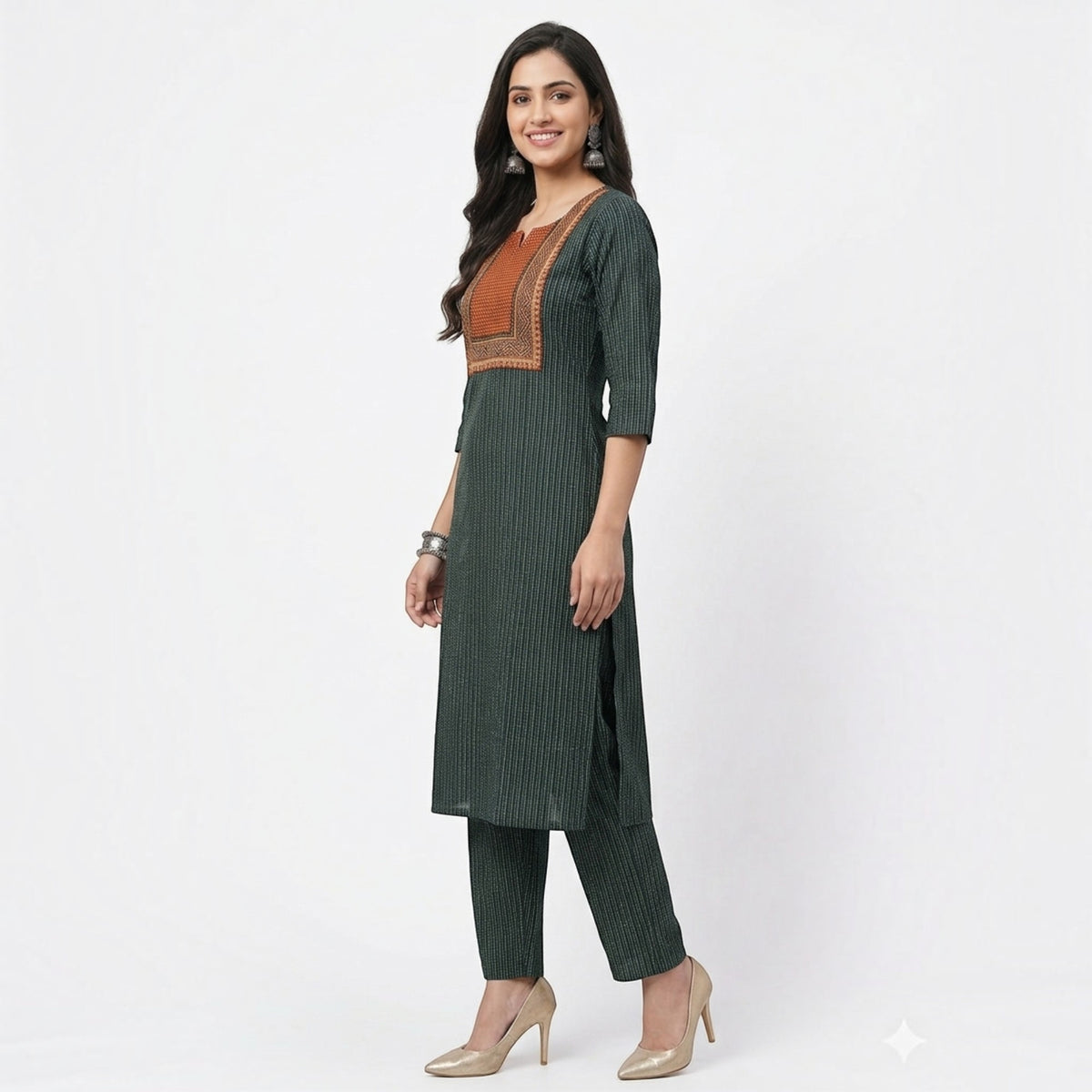 Green Stripe Cotton Kurta Set