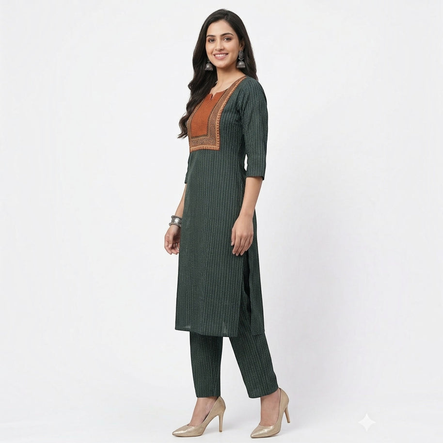 Green Stripe Cotton Kurta Set
