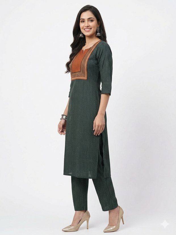 Green Stripe Cotton Kurta Set