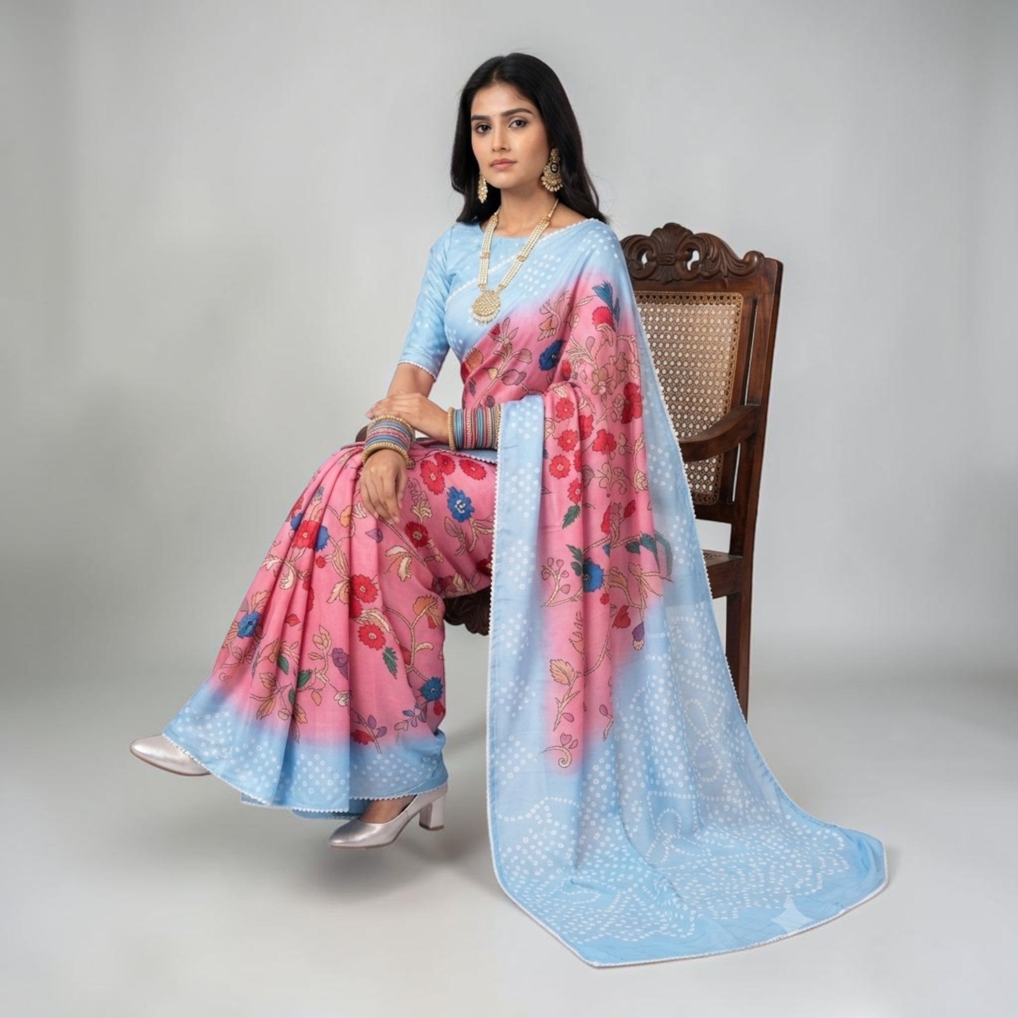 Pink Kalmakari Bandhani Makhmali Silk Saree
