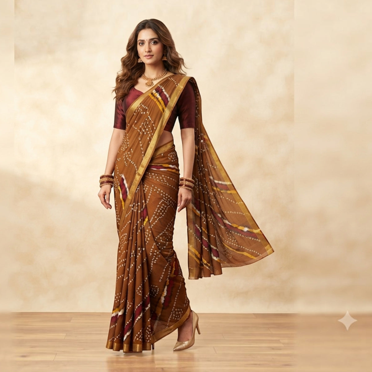 Brown Bandhej Cotton Saree