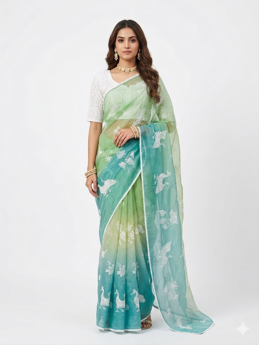 Ligth Green Hand Painted Silk Saree