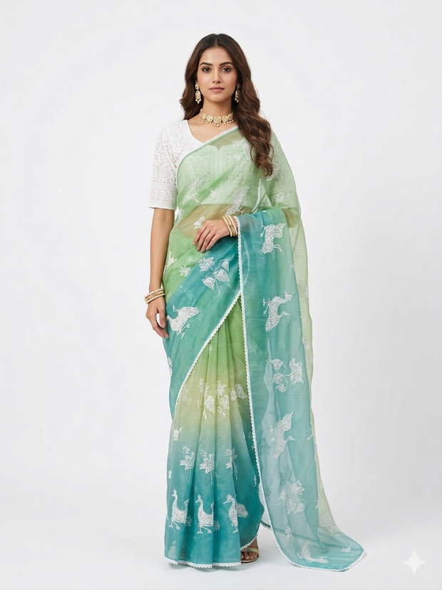 Ligth Green Hand Painted Silk Saree