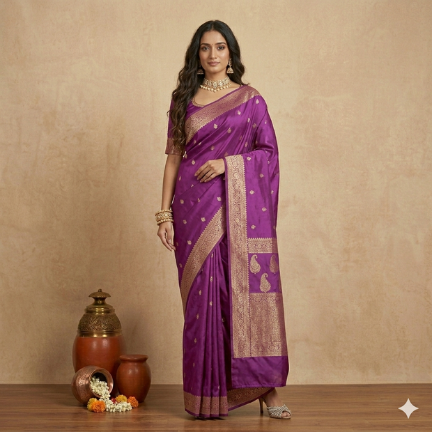 Purple Golden Jari Work Silk Saree