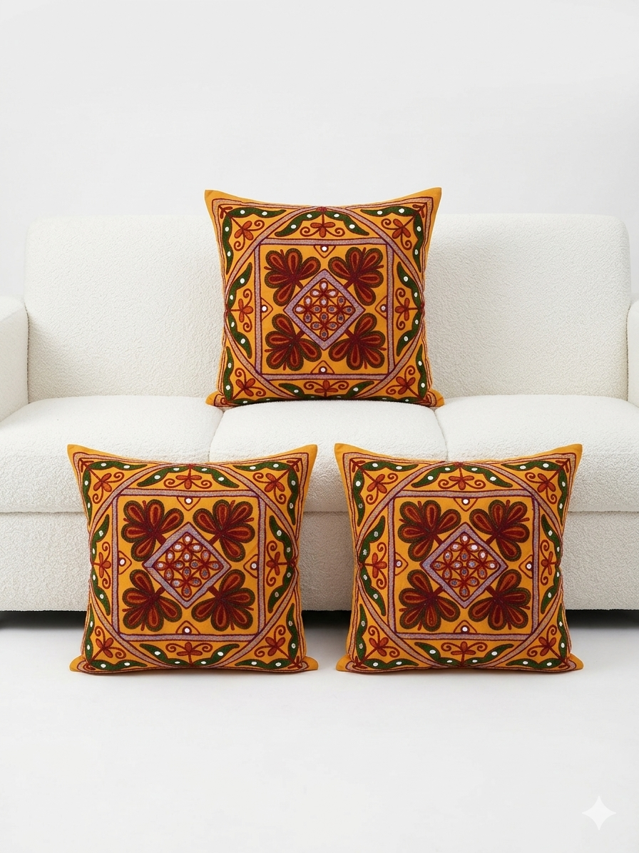 Orange Gujarati folk embroidery Cotton Cushion