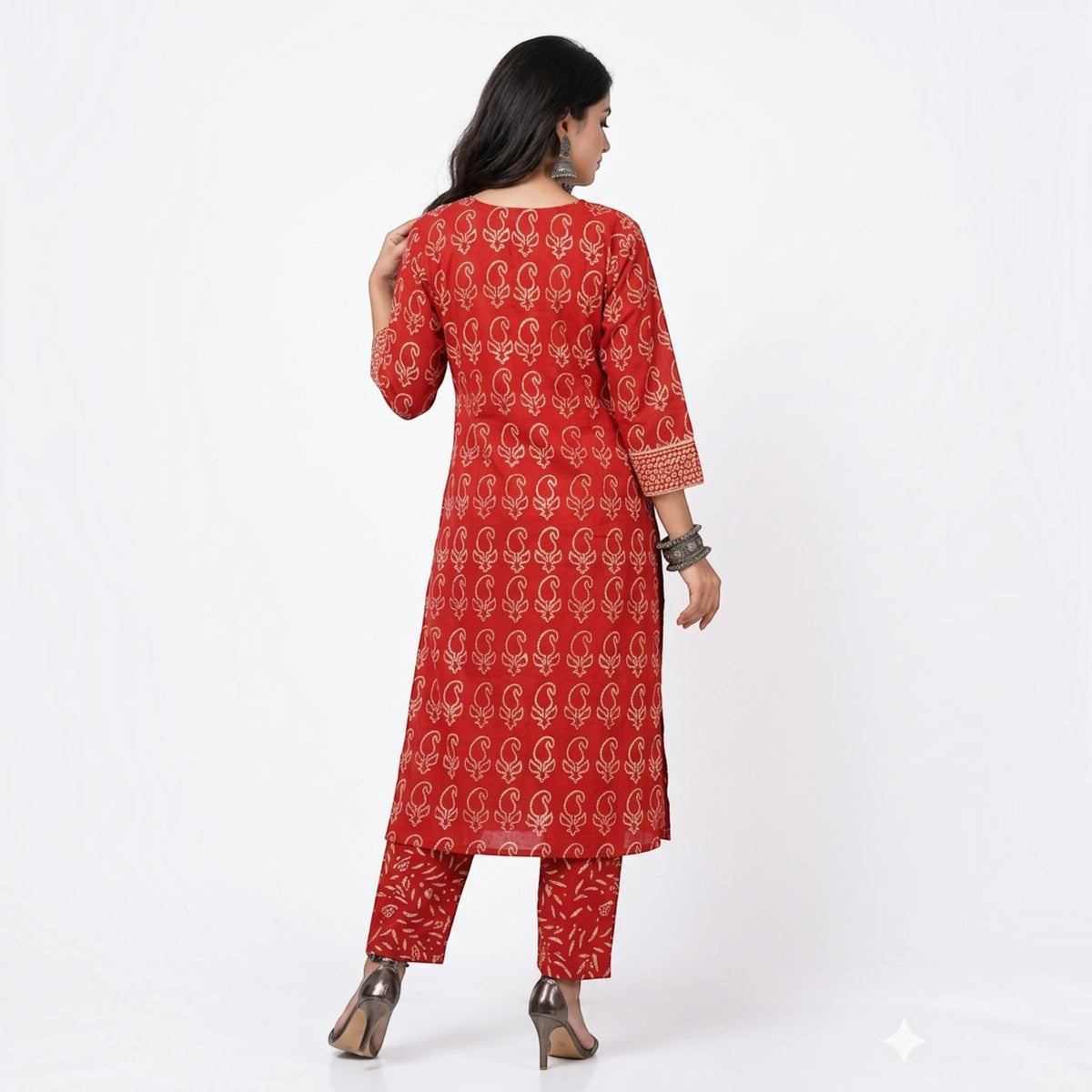 Red Handblock Cotton Kurta & Pant