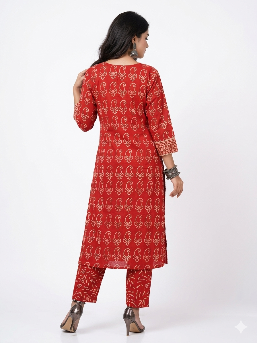 Red Handblock Cotton Kurta & Pant