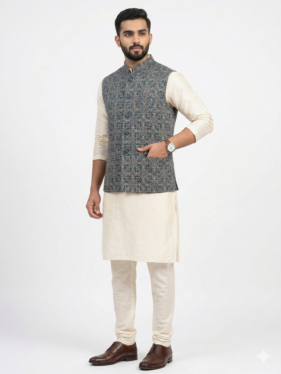 Blue Ajrakh Silk Jacket