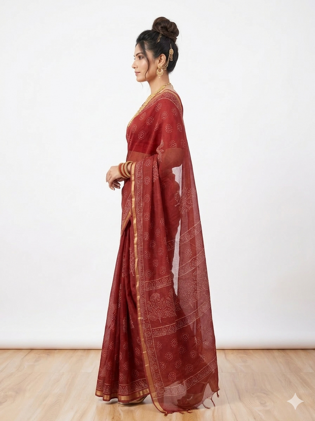 Dark Maroon Handblock Kota Cotton Saree