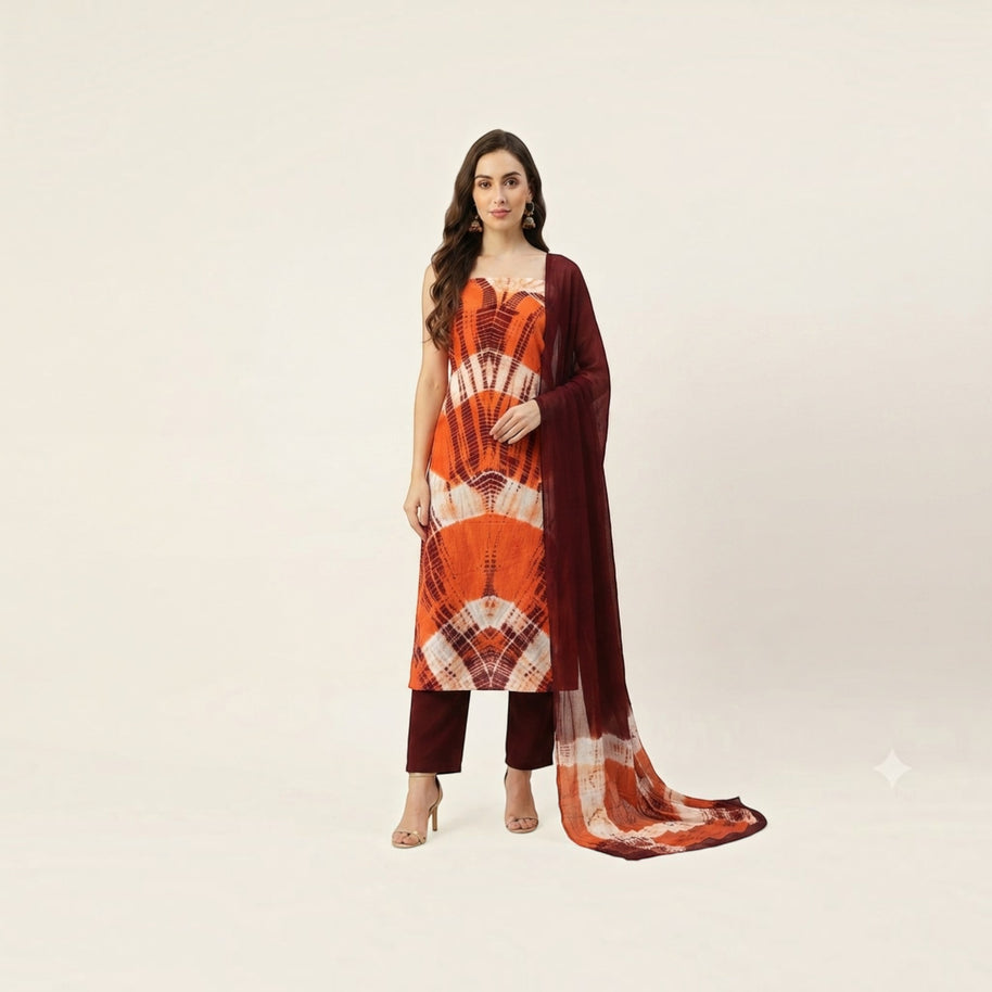 Orange Maroon Modal Silk Tie-Dye Suit