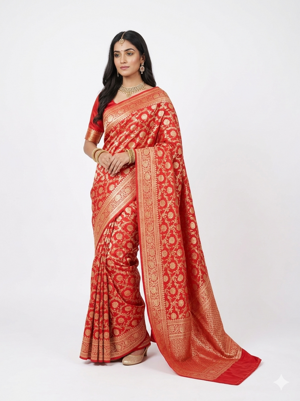 Red Golden Floral Silk Zari Saree