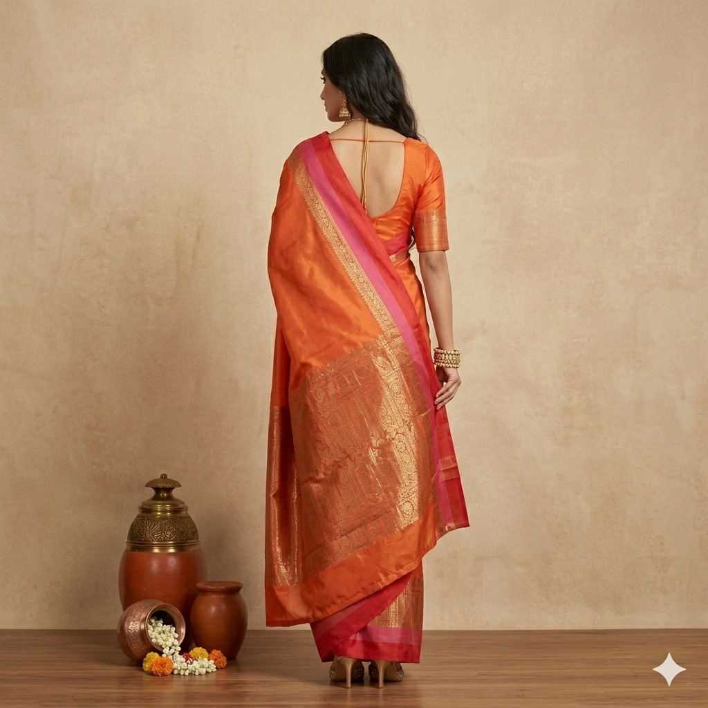 Orange Maroon Plain Silk Saree