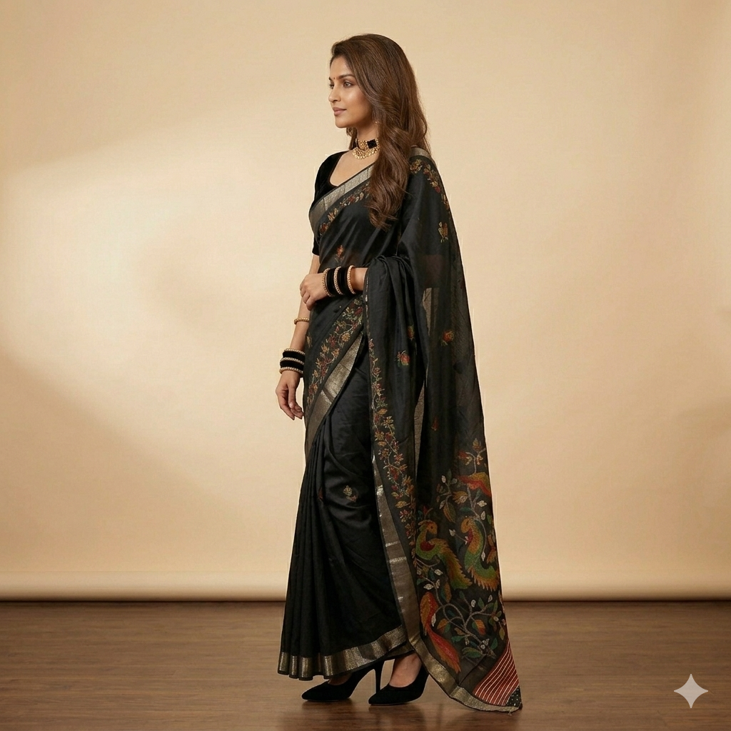 Black Multi Floral Silk Saree