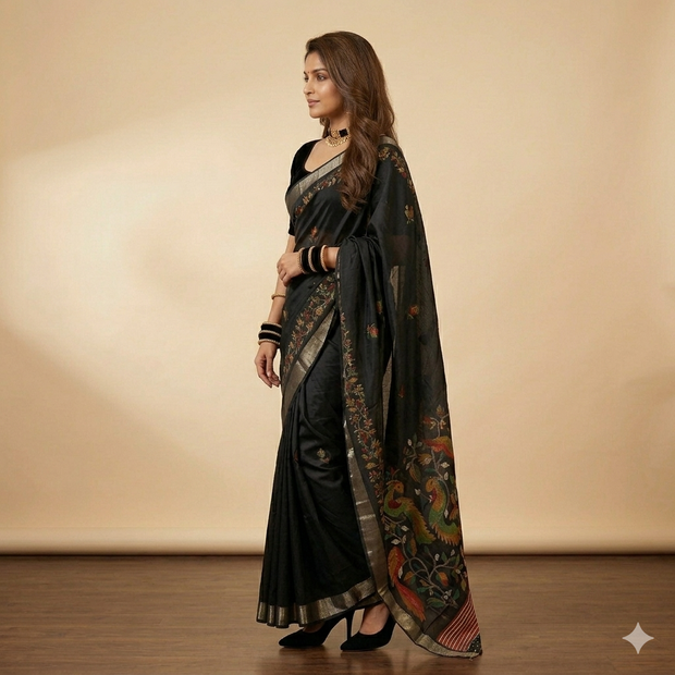 Black Multi Floral Silk Saree