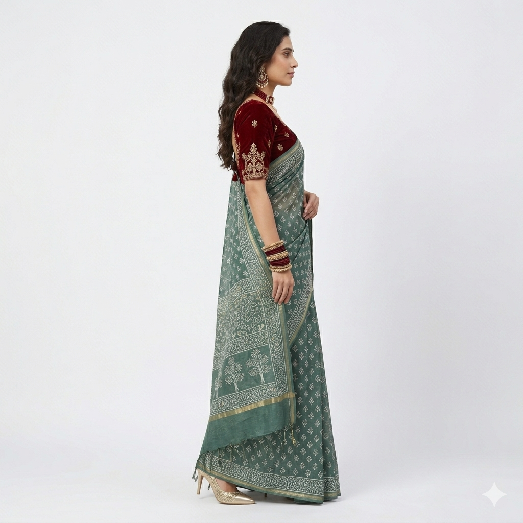 Aarvi Handblock Chanderi Silk Saree
