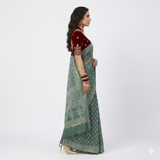 Aarvi Handblock Chanderi Silk Saree