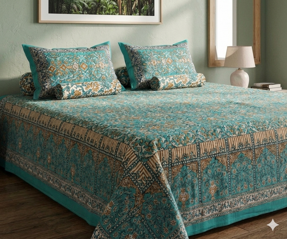 Blue Musturd Handblock Print Double Bedsheet