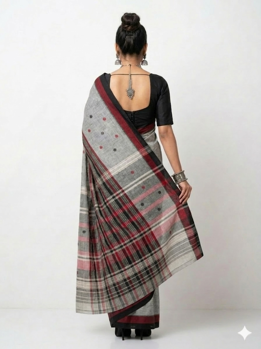 Grey Black Stripe Handwoven Cotton Saree