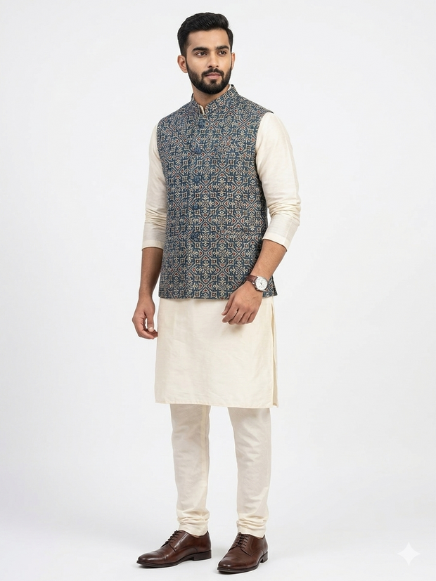 Blue Ajrakh Silk Jacket