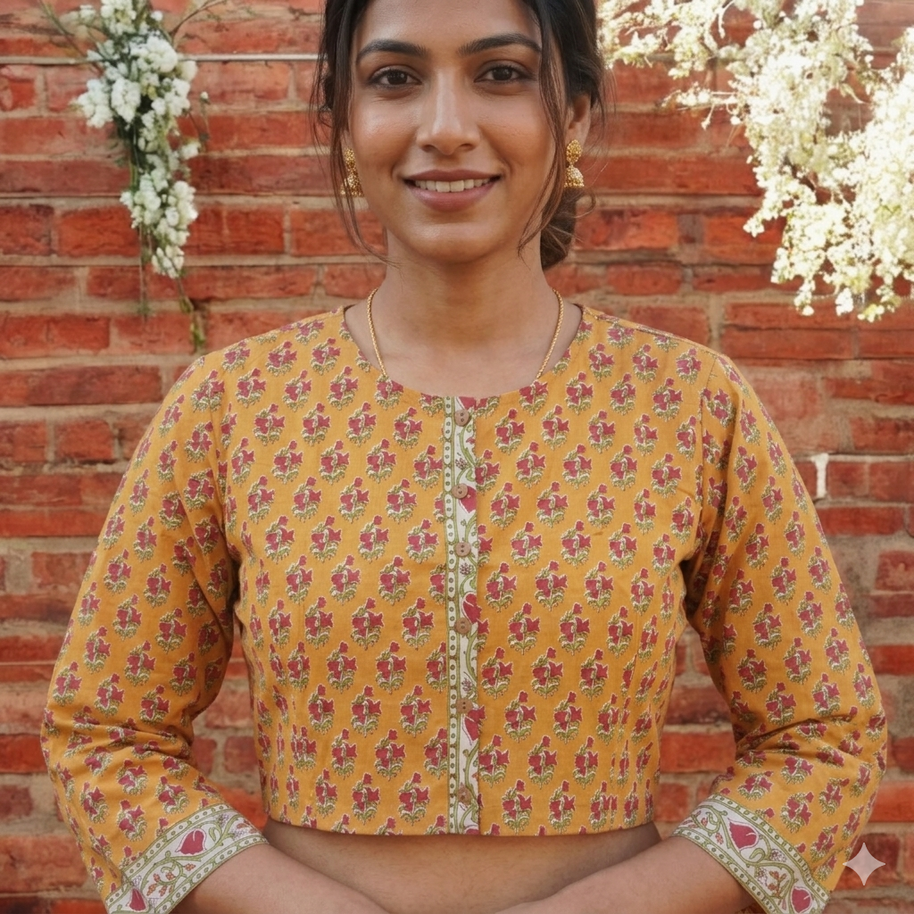 Orange Handblock Cotton Blouse