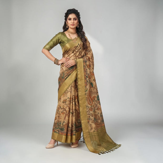 Golden Kalamkari Silk Saree
