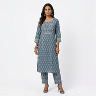 Blue Handblock Cotton Kurta & Pant