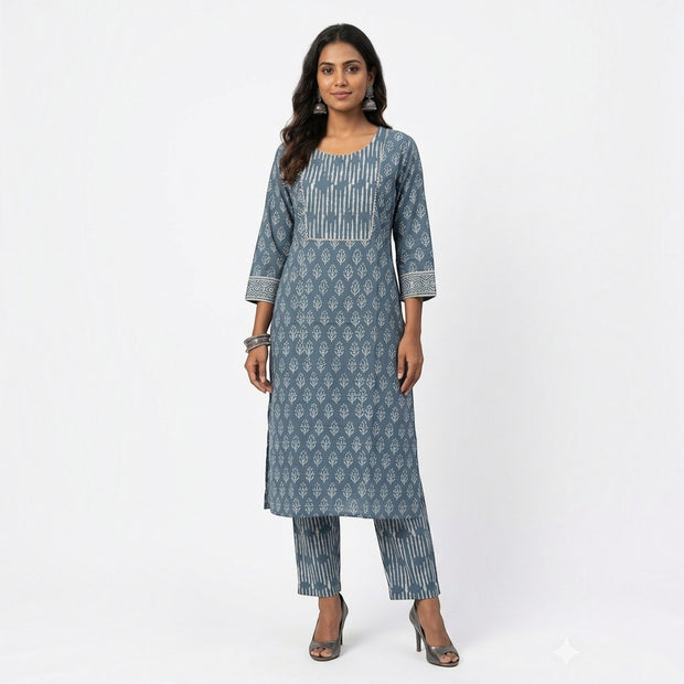 Blue Handblock Cotton Kurta & Pant