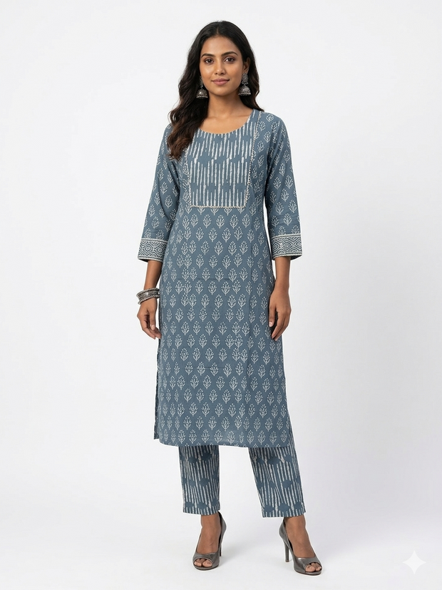 Blue Handblock Cotton Kurta & Pant