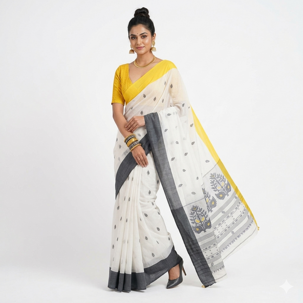 Offwhite Grey Floral Cotton Saree