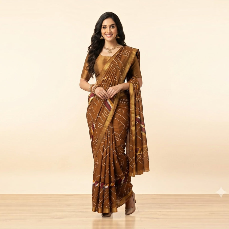 Brown Bandhej Cotton Saree
