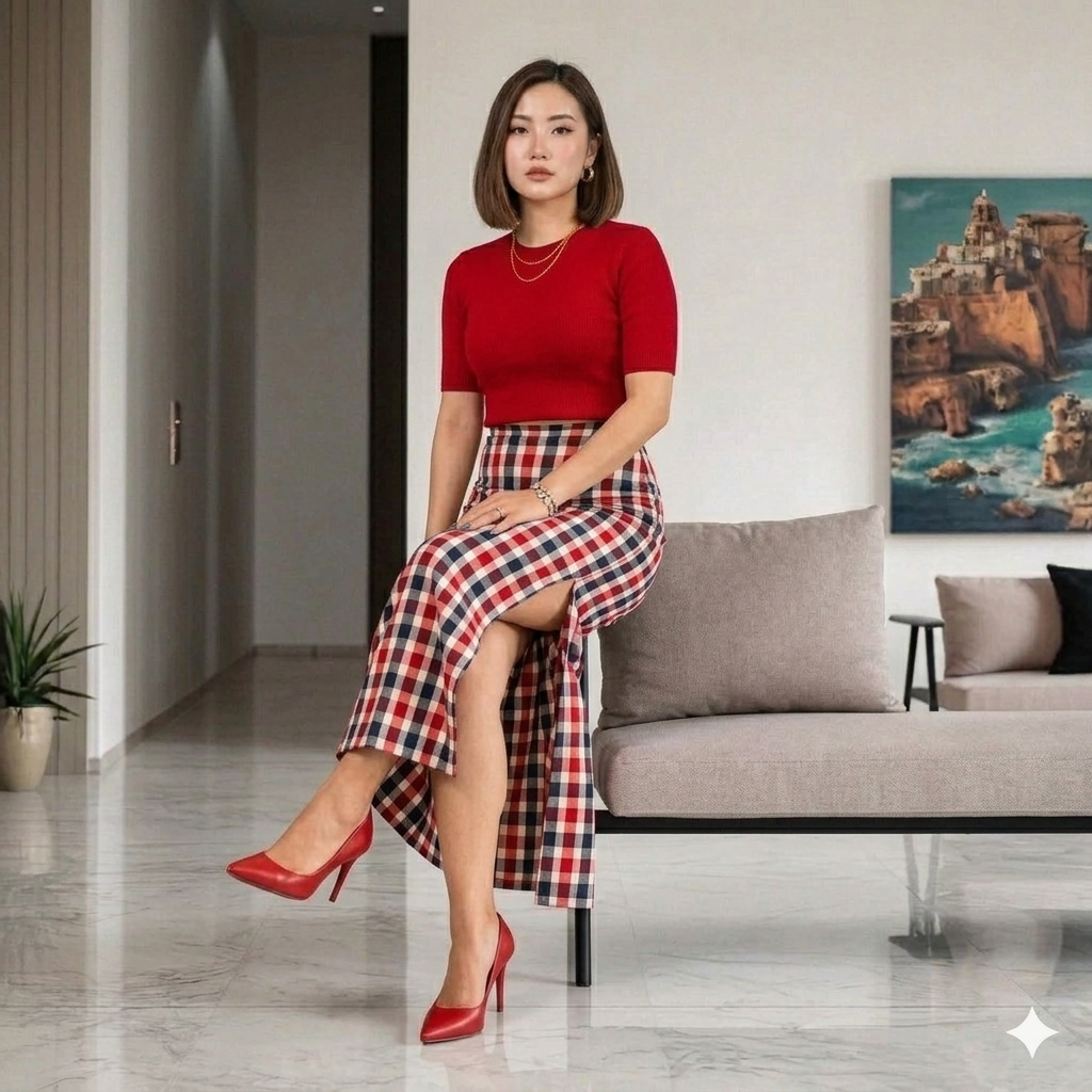 White Red Check Handwoven Ikat Cotton Long Skirt