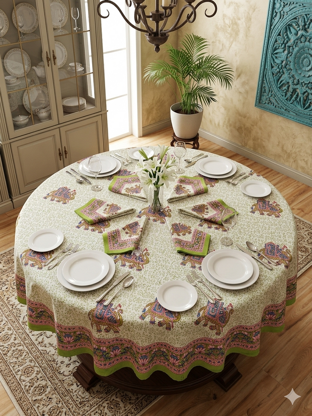 Handblock Print Cotton 8 Seater Round Table Cover